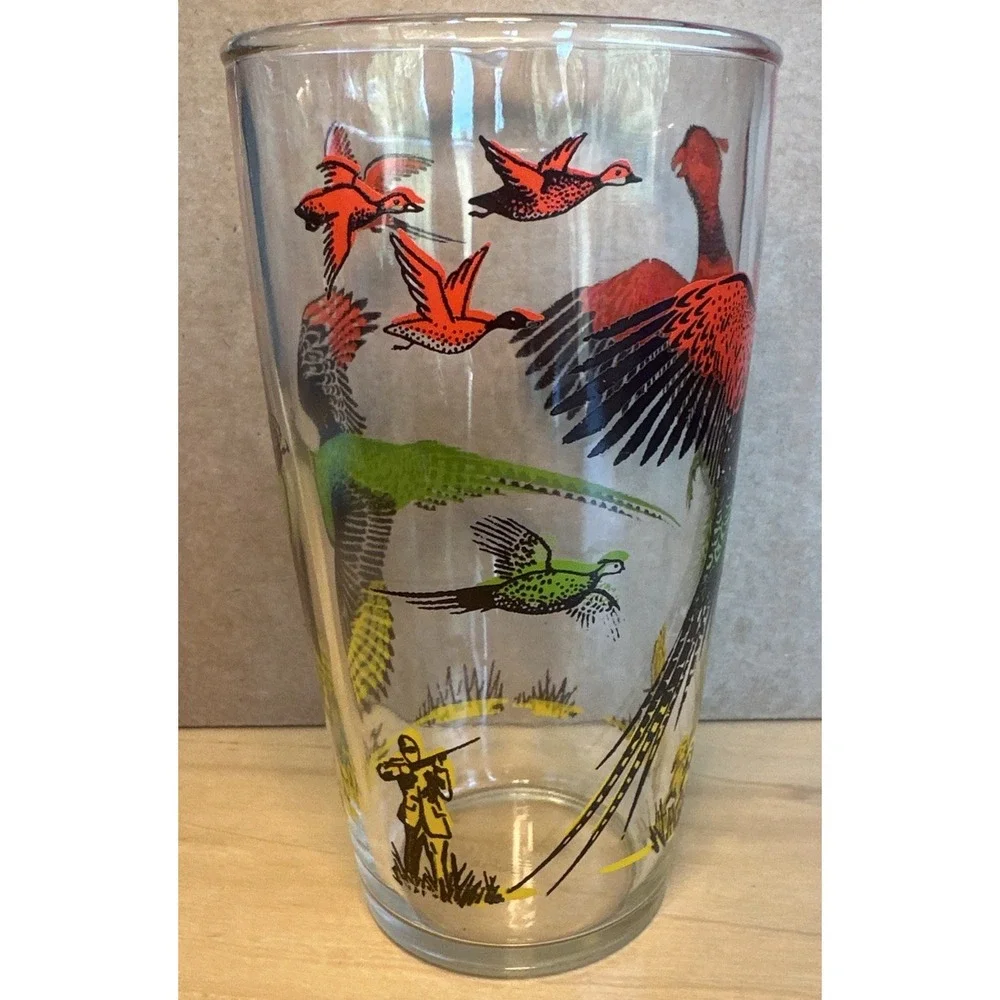 Hazel Atlas Pheasant VTG Glass Tumbler Hunter White‎ Bird Dog Vintage 24 oz 6.6